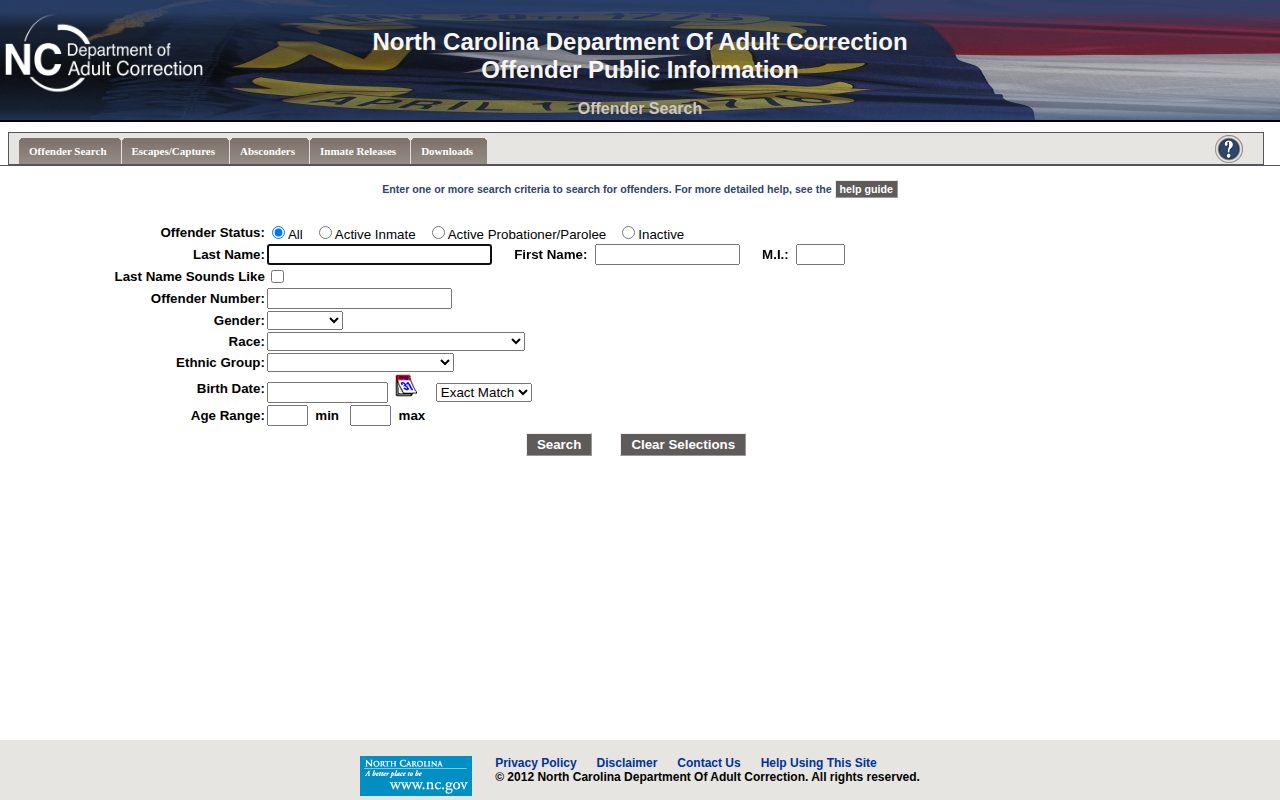 NCDAC state custody search fields after a Tyrrell County arrest