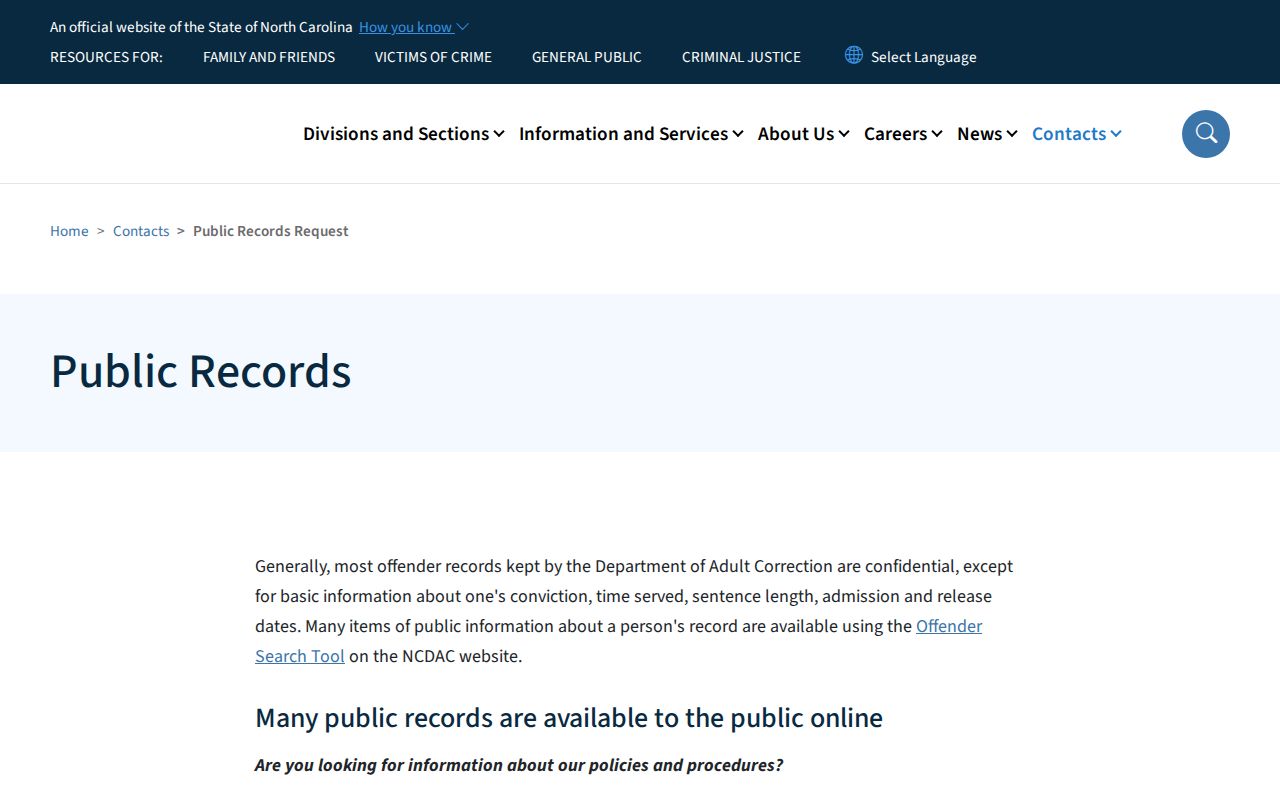 Tyrrell County arrest records and NCDAC public request scope